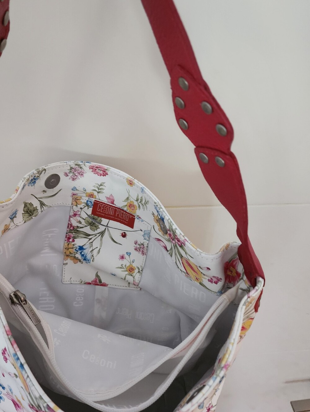 Floral Shoulder Bag with Red Strap